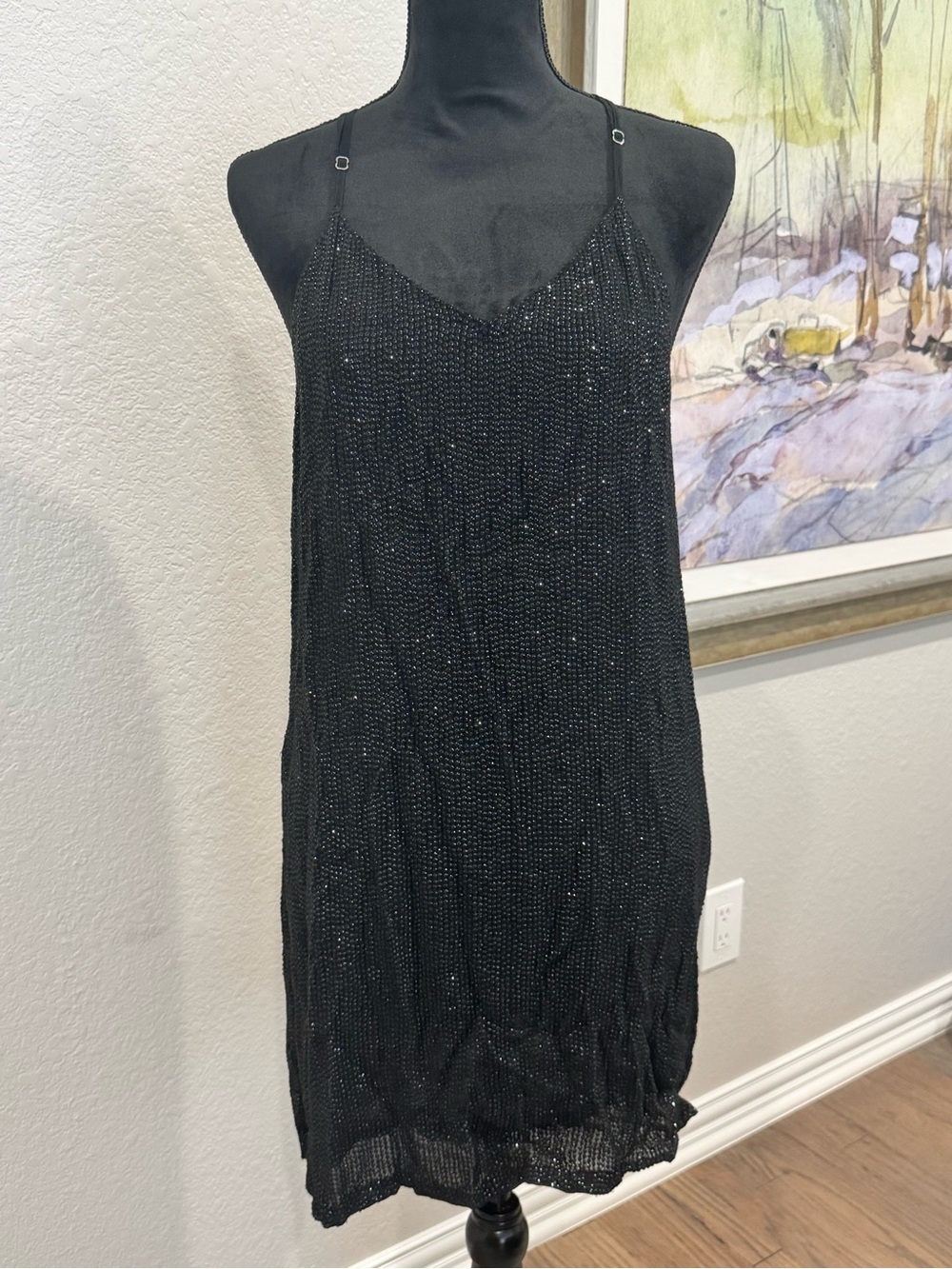 MLV Black Beaded Spaghetti Strap Mini Dress